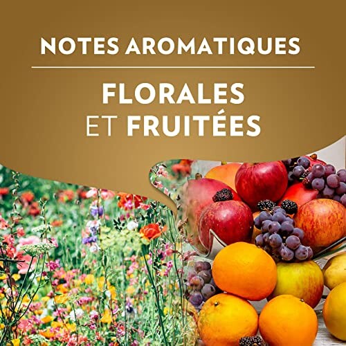 Notes aromatiques florales et fruitées avec des fleurs et des fruits.