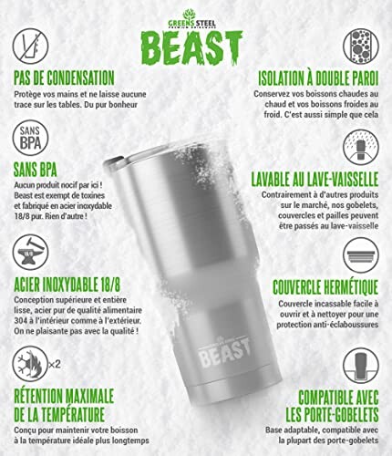 Caractéristiques du gobelet en acier inoxydable BEAST.