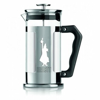 Cafetière à piston en acier inoxydable avec poignée noire.