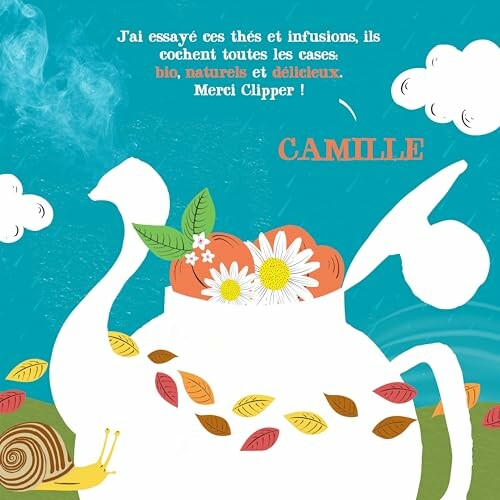 Publicité colorée pour le thé avec une théière et un escargot