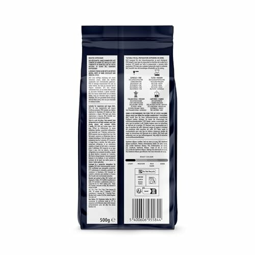 Dos d'un paquet de café avec informations nutritionnelles et instructions en plusieurs langues.