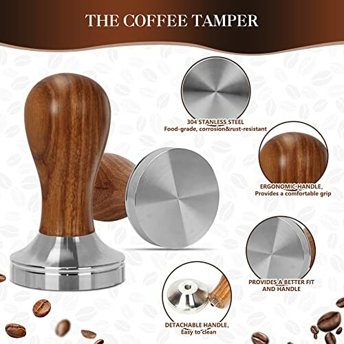 Tamper à café en acier inoxydable avec poignée en bois, résistant à la corrosion.