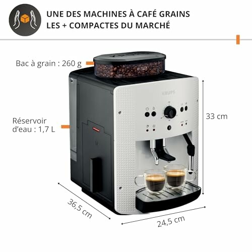 Machine à café compacte avec dimensions et réservoirs indiqués.
