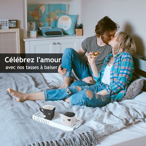 Un couple partage un moment romantique avec des tasses de café.