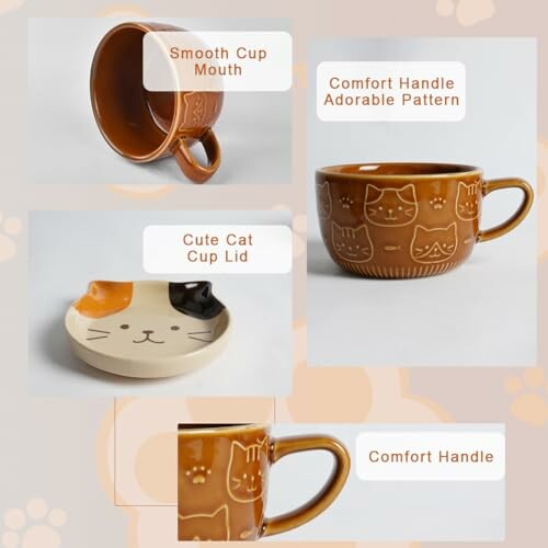 Tasse et couvercle avec motif de chat, anse confortable.