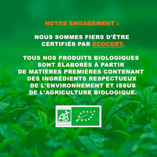 Texte sur l'engagement envers l'agriculture biologique avec logos.