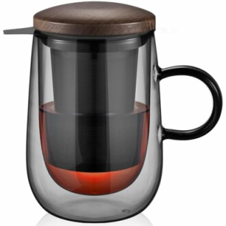Mug en verre avec infuseur à thé et couvercle en bois