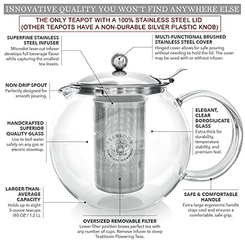 Théière en verre avec infuseur en acier inoxydable.