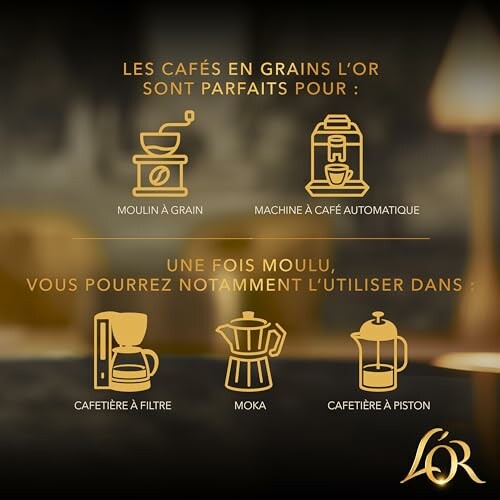 Guide d'utilisation des cafés en grains L'OR avec différents types de machines.