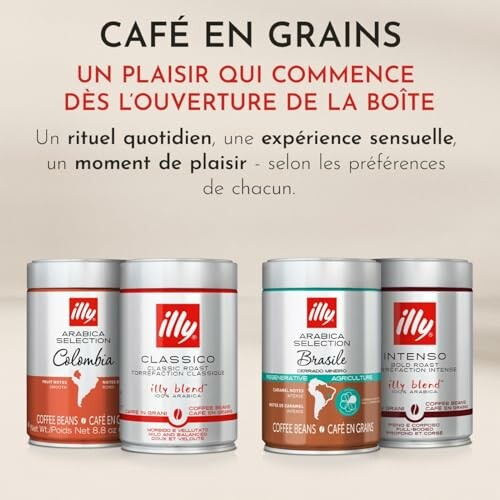 Trois boîtes de café en grains Illy avec différentes variétés.
