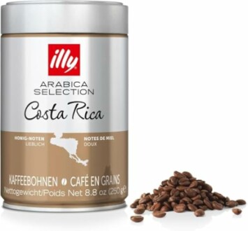 Boîte de grains de café Illy Costa Rica avec des grains à côté.
