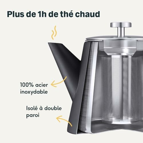 Théière en acier inoxydable avec isolation double paroi.