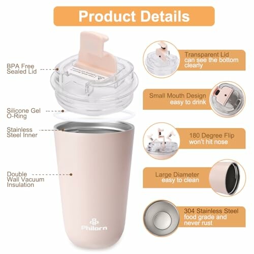 Détails du produit du gobelet isolé avec couvercle transparent et design à petite ouverture.