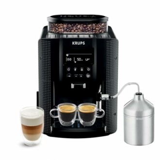Machine à café Krups avec mousseur à lait et tasses.