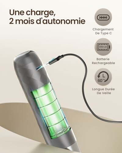 Appareil avec batterie longue durée et charge USB-C.