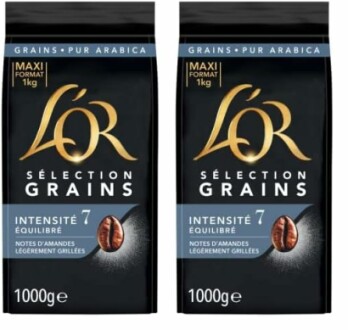 Deux paquets de café en grains L'OR Sélection, intensité 7, 1000g chacun.
