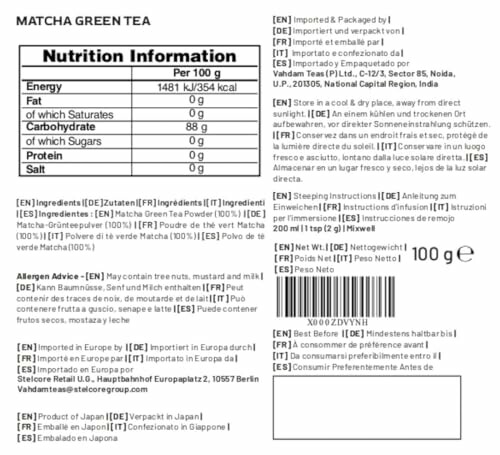 Étiquette nutritionnelle du thé vert matcha.