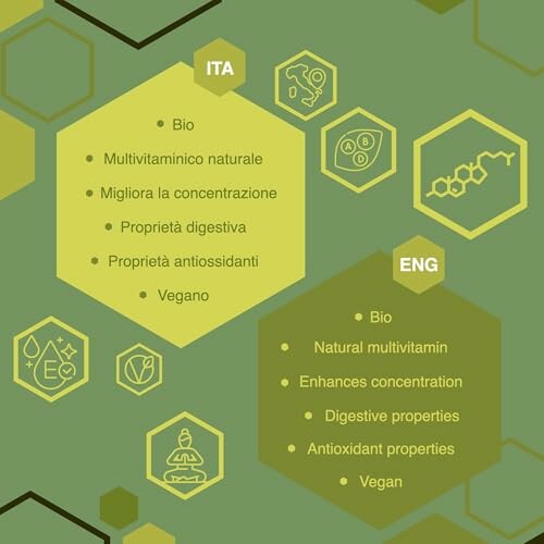 Liste des avantages d'un supplément naturel en italien et en anglais.