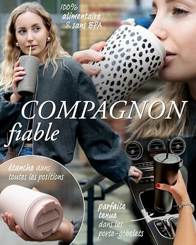 Femme buvant avec une tasse de voyage étanche dans différentes positions.