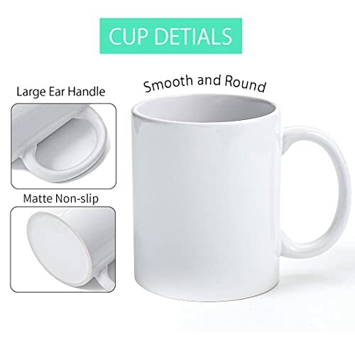 Tasse blanche avec poignée et fond antidérapant.