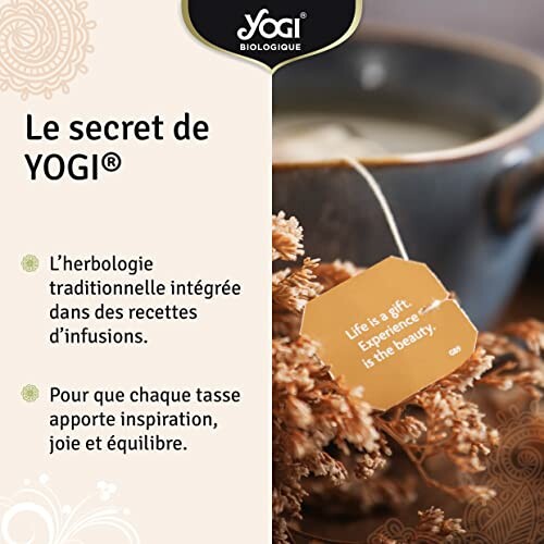 Tasse de thé avec étiquette Yogi et texte en français sur les bienfaits.