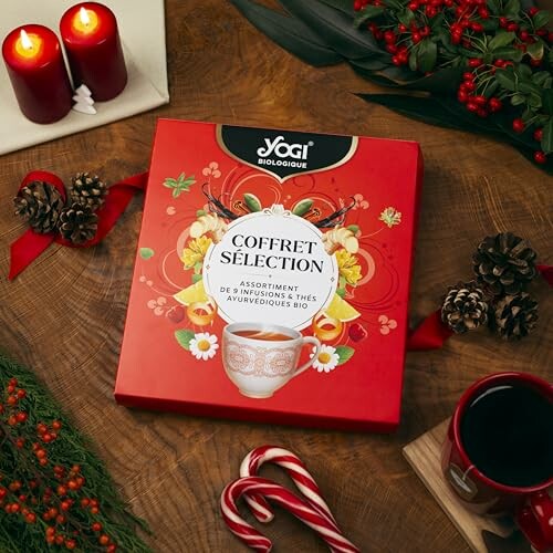Coffret de thés Yogi avec décorations de Noël.