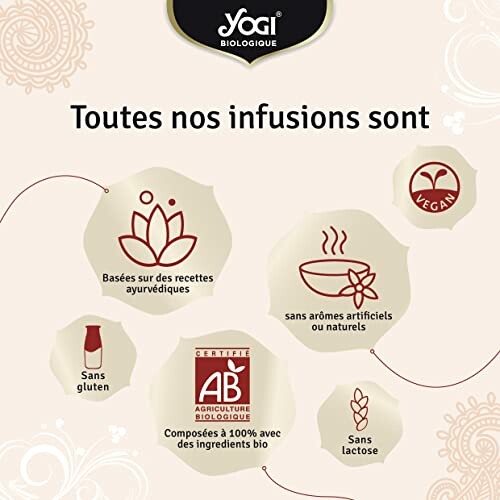 Infusions biologiques Yogi sans gluten, lactose, arômes artificiels, et véganes.